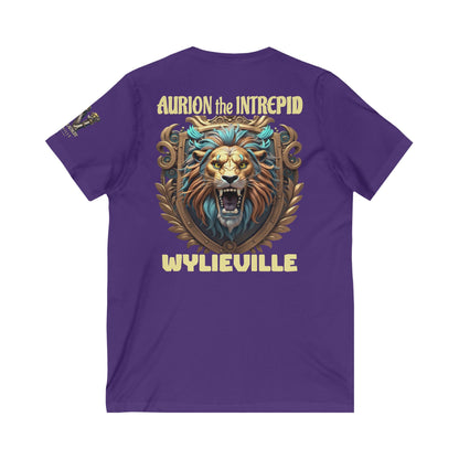 Wylieville After Dark: Aurion the Intrepid & W Logo Sleeve Unisex Jersey Short Sleeve V-Neck Tee