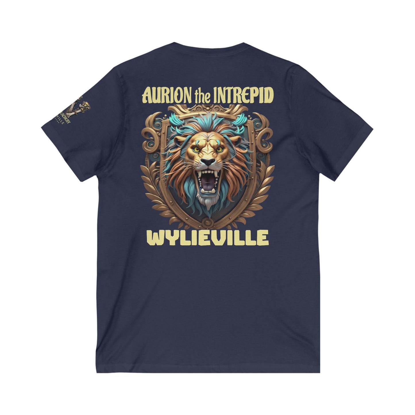 Wylieville After Dark: Aurion the Intrepid & W Logo Sleeve Unisex Jersey Short Sleeve V-Neck Tee