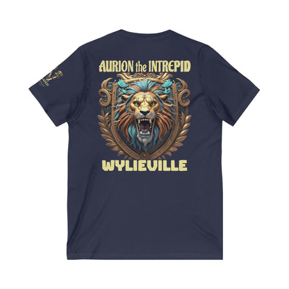 Wylieville After Dark: Aurion the Intrepid & W Logo Sleeve Unisex Jersey Short Sleeve V-Neck Tee