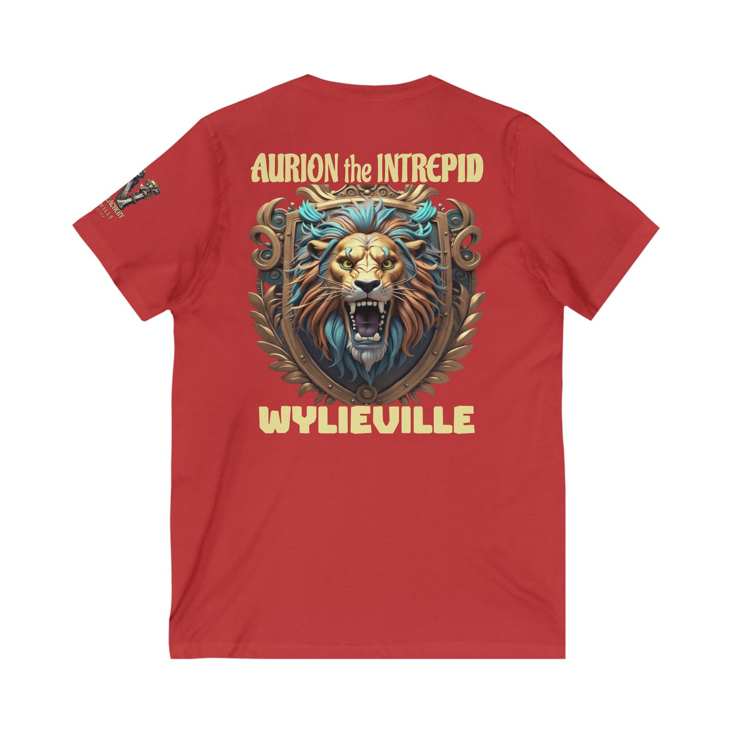 Wylieville After Dark: Aurion the Intrepid & W Logo Sleeve Unisex Jersey Short Sleeve V-Neck Tee