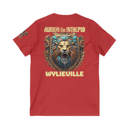 Wylieville After Dark: Aurion the Intrepid & W Logo Sleeve Unisex Jersey Short Sleeve V-Neck Tee