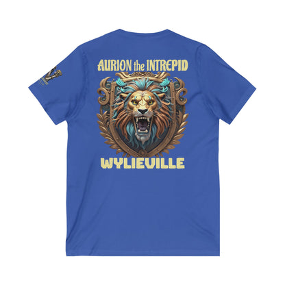 Wylieville After Dark: Aurion the Intrepid & W Logo Sleeve Unisex Jersey Short Sleeve V-Neck Tee