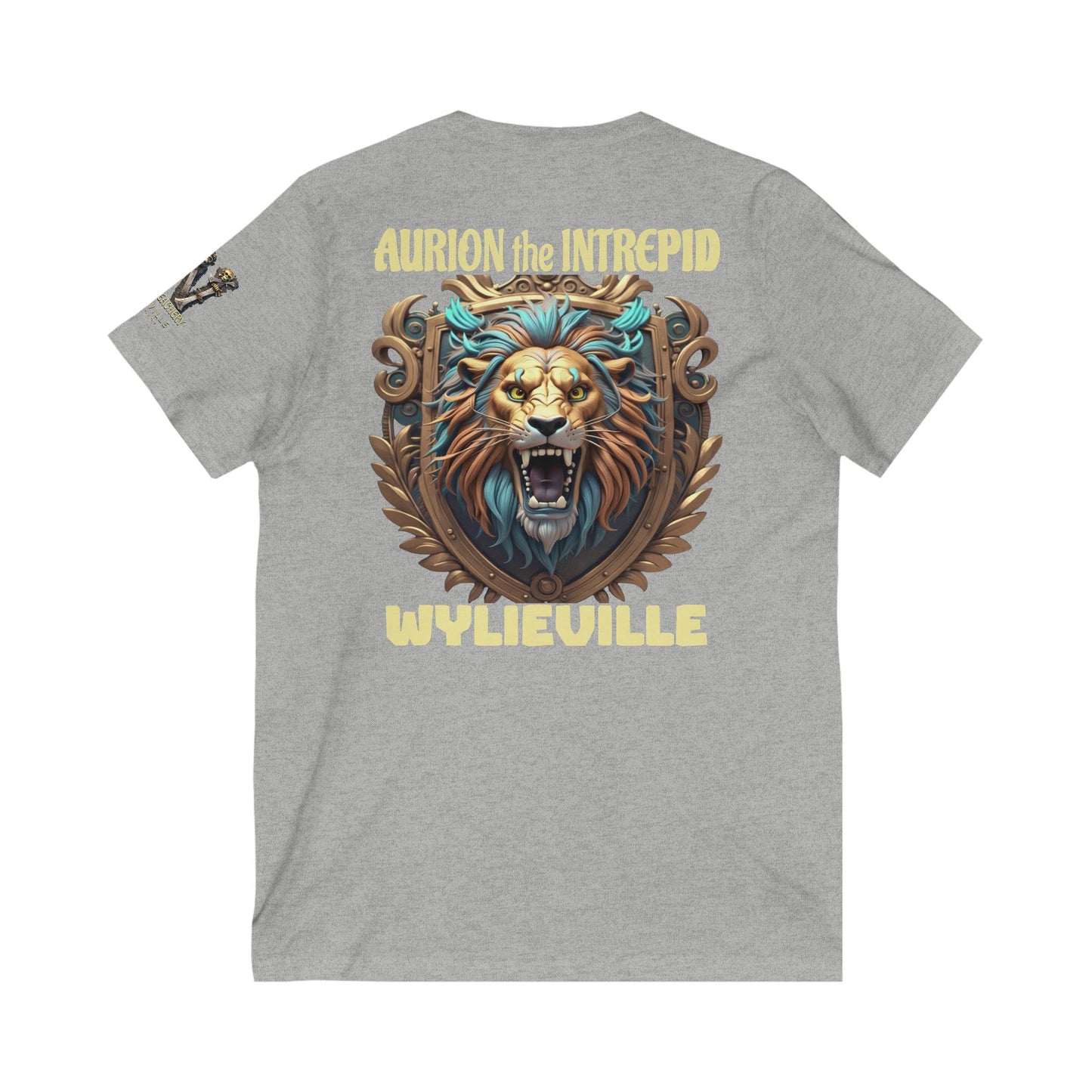 Wylieville After Dark: Aurion the Intrepid & W Logo Sleeve Unisex Jersey Short Sleeve V-Neck Tee