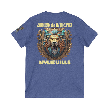 Wylieville After Dark: Aurion the Intrepid & W Logo Sleeve Unisex Jersey Short Sleeve V-Neck Tee