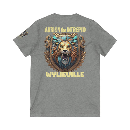 Wylieville After Dark: Aurion the Intrepid & W Logo Sleeve Unisex Jersey Short Sleeve V-Neck Tee