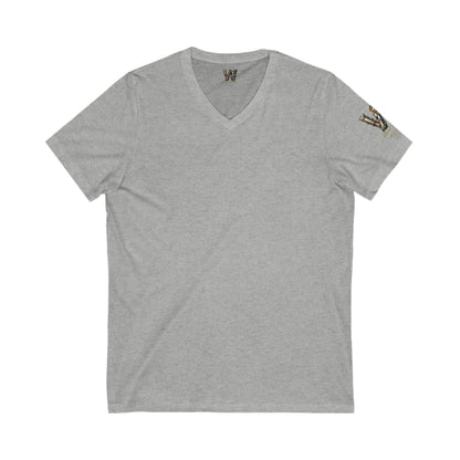 Wylieville After Dark: Aurion the Intrepid & W Logo Sleeve Unisex Jersey Short Sleeve V-Neck Tee