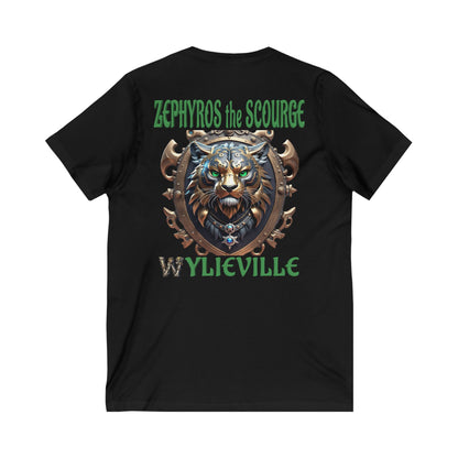 Wylieville After Dark: Sea of Treachery Zephyros on the Back Unisex Jersey Short Sleeve V-Neck Tee