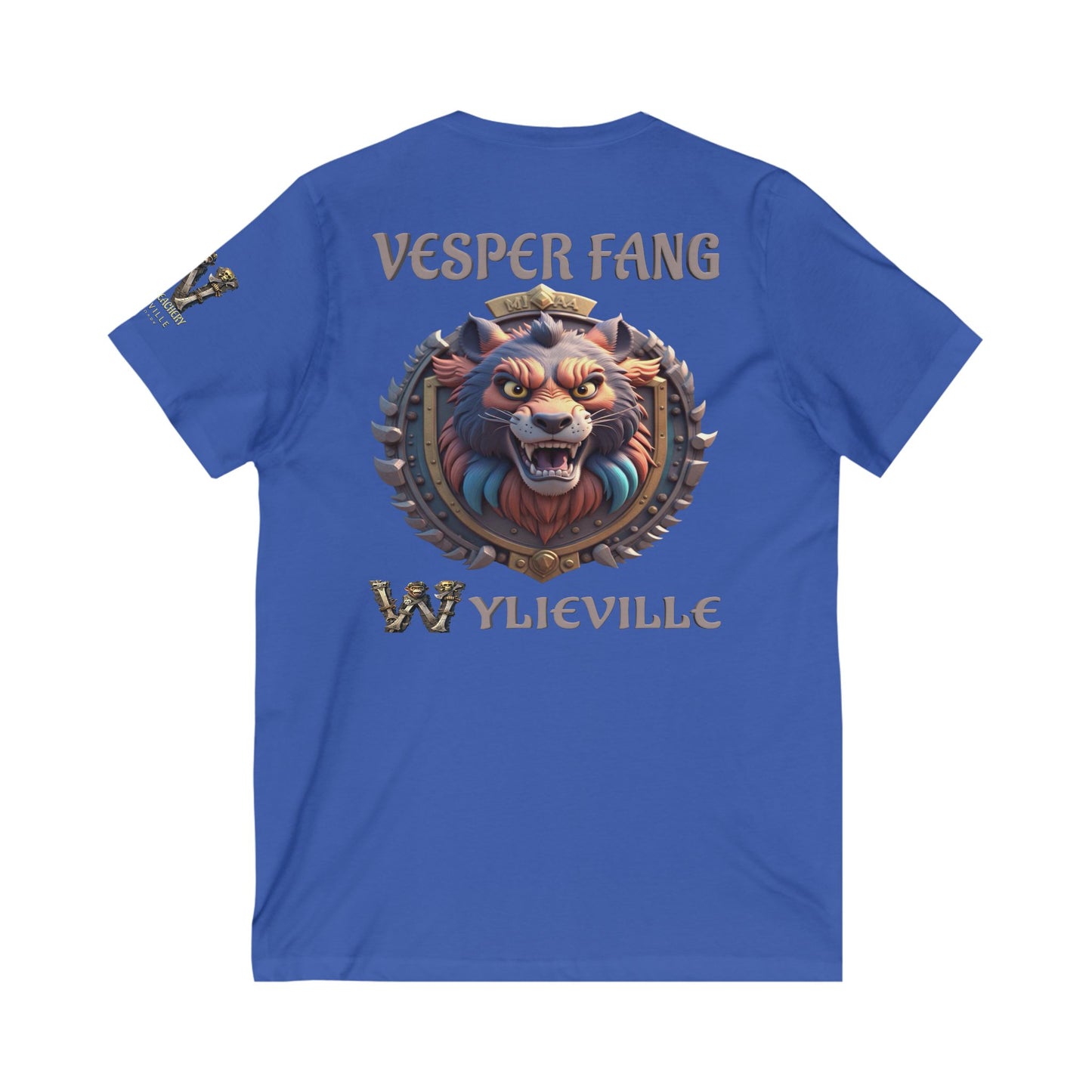 Wylieville After Dark: Vesper Fang  & W Logo Sleeve Unisex Jersey Short Sleeve V-Neck Tee