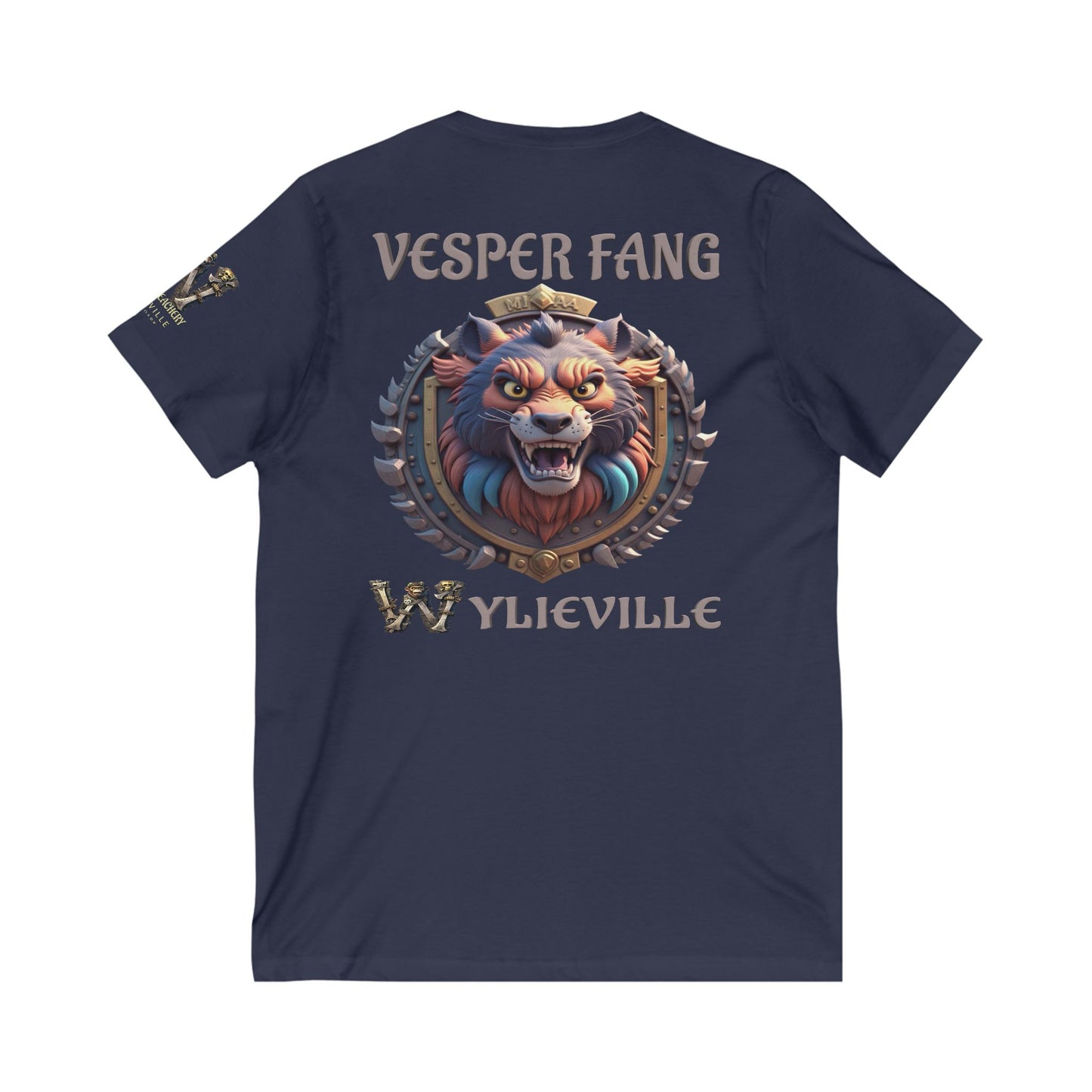 Wylieville After Dark: Vesper Fang  & W Logo Sleeve Unisex Jersey Short Sleeve V-Neck Tee