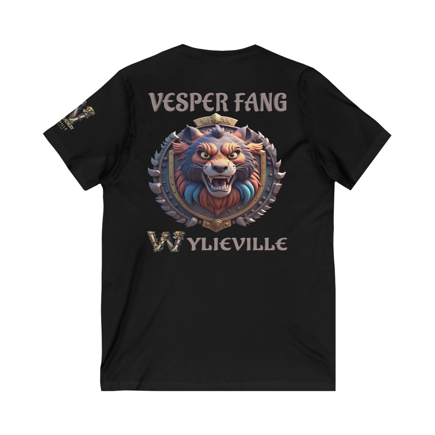 Wylieville After Dark: Vesper Fang  & W Logo Sleeve Unisex Jersey Short Sleeve V-Neck Tee