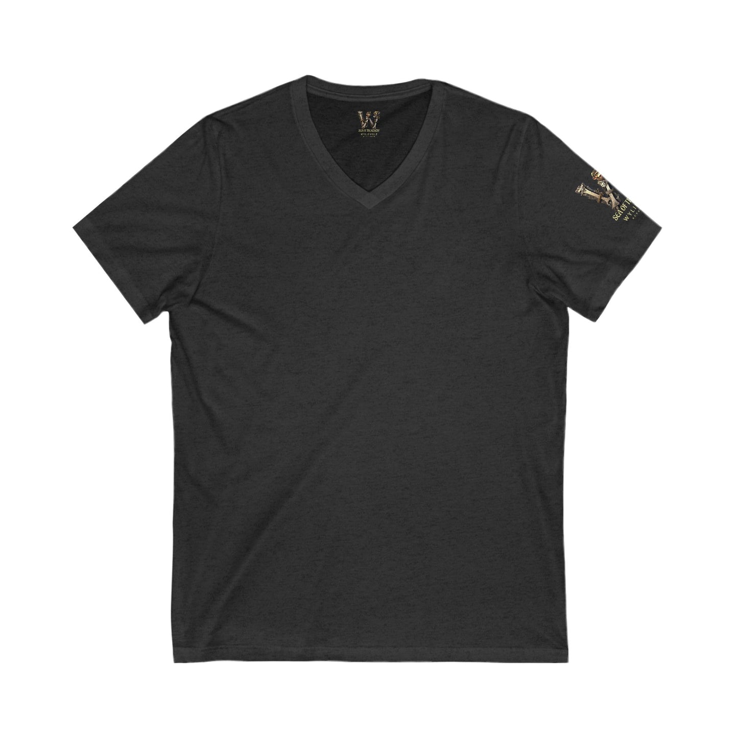 Wylieville After Dark: Aurion the Intrepid & W Logo Sleeve Unisex Jersey Short Sleeve V-Neck Tee