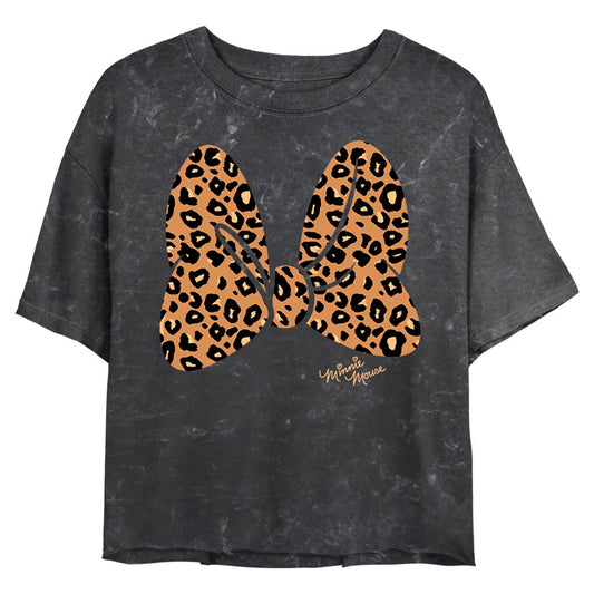 Junior's Disney Cheetah Print Minnie Mouse Bow Mineral Wash Crop Top